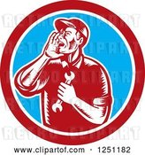 Vector Clip Art of Retro Woodcut Male Mechanic Holding a Spanner Wrench and Calling out in a Circle by Patrimonio