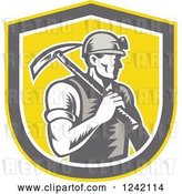 Vector Clip Art of Retro Woodcut Male Miner Worker with a Pickaxe in a Yellow Shield by Patrimonio