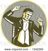 Vector Clip Art of Retro Woodcut Male Music Conductor Holding a Baton in a Yellow and Taupe Circle by Patrimonio