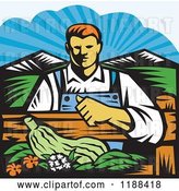 Vector Clip Art of Retro Woodcut Male Organic Farmer with Produce, Behind a Fence by Patrimonio