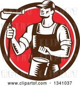Vector Clip Art of Retro Woodcut Male Painter Holding a Roller Brush and Can in a Brown White and Red Circle by Patrimonio