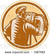 Vector Clip Art of Retro Woodcut Male Photographer Using a Bellows Camera in a Brown White and Tan Circle by Patrimonio