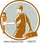 Vector Clip Art of Retro Woodcut Male Plumber Carrying a Monkey Wrench and Tool Box in a Brown White and Green Circle by Patrimonio