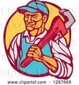 Vector Clip Art of Retro Woodcut Male Plumber Holding a Monkey Wrench in a Circle by Patrimonio