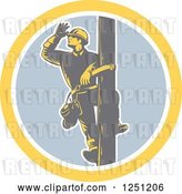 Vector Clip Art of Retro Woodcut Male Power Lineman Looking out on a Pole in a Circle by Patrimonio