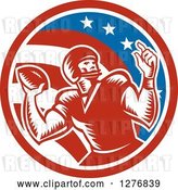 Vector Clip Art of Retro Woodcut Male Quarterback Player Throwing in an American Circle by Patrimonio
