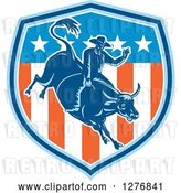 Vector Clip Art of Retro Woodcut Male Rodeo Cowboy on a Bucking Bull in an American Flag Shield by Patrimonio