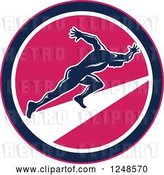 Vector Clip Art of Retro Woodcut Male Runner Sprinting in a Pink Circle by Patrimonio