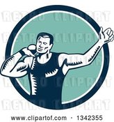 Vector Clip Art of Retro Woodcut Male Shot Put Athlete Throwing in a Blue White and Turquoise Circle by Patrimonio