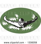 Vector Clip Art of Retro Woodcut Male Swimmer Doing the Butterfly Stroke in a Green Oval by Patrimonio