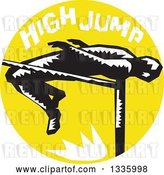 Vector Clip Art of Retro Woodcut Male Track and Field Athlete High Jumping, with Text in a Yellow Circle by Patrimonio