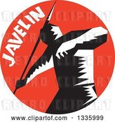 Vector Clip Art of Retro Woodcut Male Track and Field Athlete Throwing a Javelin with Text in a Red Circle by Patrimonio