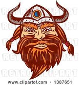 Vector Clip Art of Retro Woodcut Male Viking Norseman Warrior Face with a Long Beard and Horned Helmet by Patrimonio