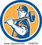 Vector Clip Art of Retro Woodcut Male Worker Carrying a Sledgehammer in a Circle by Patrimonio