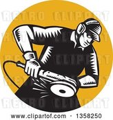 Vector Clip Art of Retro Woodcut Male Worker Using an Angle Grander in an Orange Circle by Patrimonio
