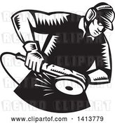 Vector Clip Art of Retro Woodcut Male Worker Using an Angle Grinder by Patrimonio