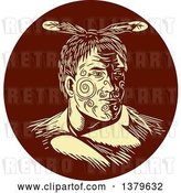 Vector Clip Art of Retro Woodcut Maori Chief Warrior with Face Tattoos in a Brown Circle by Patrimonio