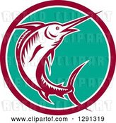Vector Clip Art of Retro Woodcut Marlin Fish Emerging from a Maroon White and Turquoise Circle by Patrimonio