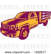 Vector Clip Art of Retro Woodcut Maroon and Orange Pickup Truck by Patrimonio