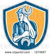 Vector Clip Art of Retro Woodcut Mechanic Guy Holding a Giant Spanner Wrench in a Gray Blue White and Yellow Shield by Patrimonio