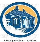 Vector Clip Art of Retro Woodcut Medieval House in Bath England in a Blue White and Yellow Oval by Patrimonio