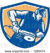 Vector Clip Art of Retro Woodcut Metal Worker Using a Grinder in a Blue White and Orange Shield by Patrimonio