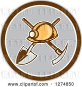 Vector Clip Art of Retro Woodcut Miner Hat over a Crossed Shovel and Pickaxe in a Brown White and Gray Circle by Patrimonio