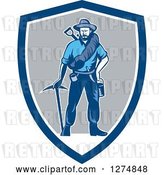 Vector Clip Art of Retro Woodcut Miner Prospector Guy with Gear in a Blue White and Gray Shield by Patrimonio