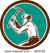 Vector Clip Art of Retro Woodcut Miner Working with a Pickaxe in a Brown White and Turquoise Circle by Patrimonio