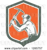 Vector Clip Art of Retro Woodcut Miner Working with a Pickaxe in a Green White and Orange Shield by Patrimonio