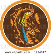 Vector Clip Art of Retro Woodcut Miner Working with a Sledghammer in an Orange White and Brown Circle by Patrimonio