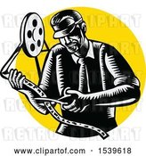 Vector Clip Art of Retro Woodcut Movie Director Cutting a Film Reel, over a Yellow Circle by Patrimonio