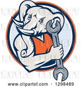 Vector Clip Art of Retro Woodcut Muscular Elephant Guy Mechanic Holding a Wrench in an Orange Blue and White Circle by Patrimonio