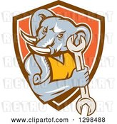 Vector Clip Art of Retro Woodcut Muscular Elephant Guy Mechanic Holding a Wrench in Brown White and Orange Shield by Patrimonio