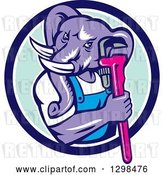 Vector Clip Art of Retro Woodcut Muscular Purple Elephant Guy Plumber Holding a Wrench in a Blue White and Turquoise Circle by Patrimonio
