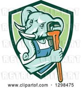 Vector Clip Art of Retro Woodcut Muscular Turquoise Elephant Guy Plumber Holding a Wrench in a Green and White Shield by Patrimonio