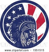 Vector Clip Art of Retro Woodcut Native American Chief in an American Flag Circle by Patrimonio