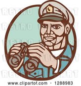 Vector Clip Art of Retro Woodcut Navy Admirial Officer Holding Binoculars in a Brown and Green Oval by Patrimonio