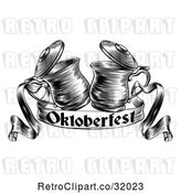 Vector Clip Art of Retro Woodcut or Engraved Beer Steins or Tankards Chinking Together in a Toast over an Oktoberfest Ribbon Banner by AtStockIllustration