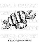 Vector Clip Art of Retro Woodcut or Engraved Fisted Hand Holding a Spanner Wrench by AtStockIllustration