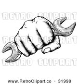 Vector Clip Art of Retro Woodcut or Fisted Hand Holding a Spanner Wrench by AtStockIllustration