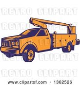 Vector Clip Art of Retro Woodcut Orange and Blue Cherry Picker Lift Truck by Patrimonio