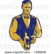 Vector Clip Art of Retro Woodcut Orange and Blue Male Waiter Presenting a Wine Bottle by Patrimonio