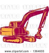 Vector Clip Art of Retro Woodcut Orange and Red Mechanical Excavator Digger Machine by Patrimonio