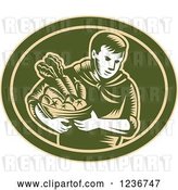 Vector Clip Art of Retro Woodcut Organic Farmer with Produce in a Green Oval by Patrimonio