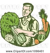 Vector Clip Art of Retro Woodcut Organic Farmer with with Leafy Green and Root Vegetables by Patrimonio