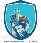 Vector Clip Art of Retro Woodcut Paintbrush and Can in a Blue and White Shield by Patrimonio
