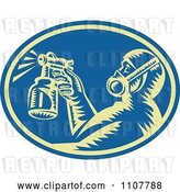 Vector Clip Art of Retro Woodcut Painter Using a Spray Gun in a Blue Oval by Patrimonio
