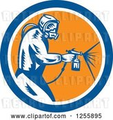 Vector Clip Art of Retro Woodcut Painter Using a Spray Gun in a Blue White and Orange Circle by Patrimonio