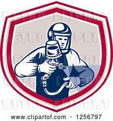 Vector Clip Art of Retro Woodcut Painter Using a Spray Gun in a Red Tan and White Shield by Patrimonio